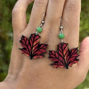 Earth Art Hand Crafted Artisan Red and Green Leaf Earrings